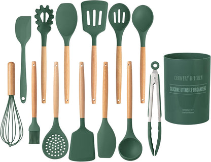Country Kitchen Non Stick Silicone Utensil Set with Rounded Wood Handles for Cooking and Baking, 14