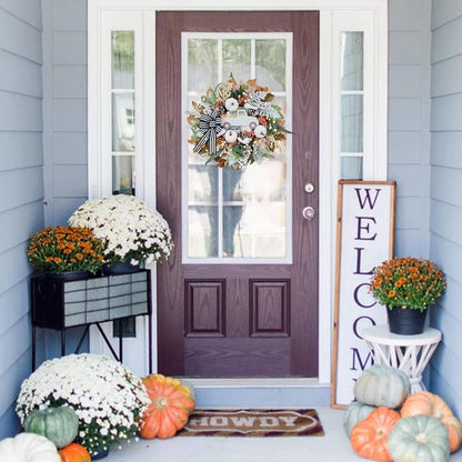 Fall Wreath for Front Door,20 inch White Pumpkin Door Wreath with Truck and Bow, Harvest Porch