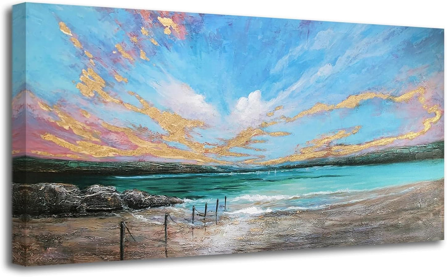 Arjun Ocean Teal Wall Art Canvas Coastal Beach Painting Blue Turquoise Landscape Sunset Picture
