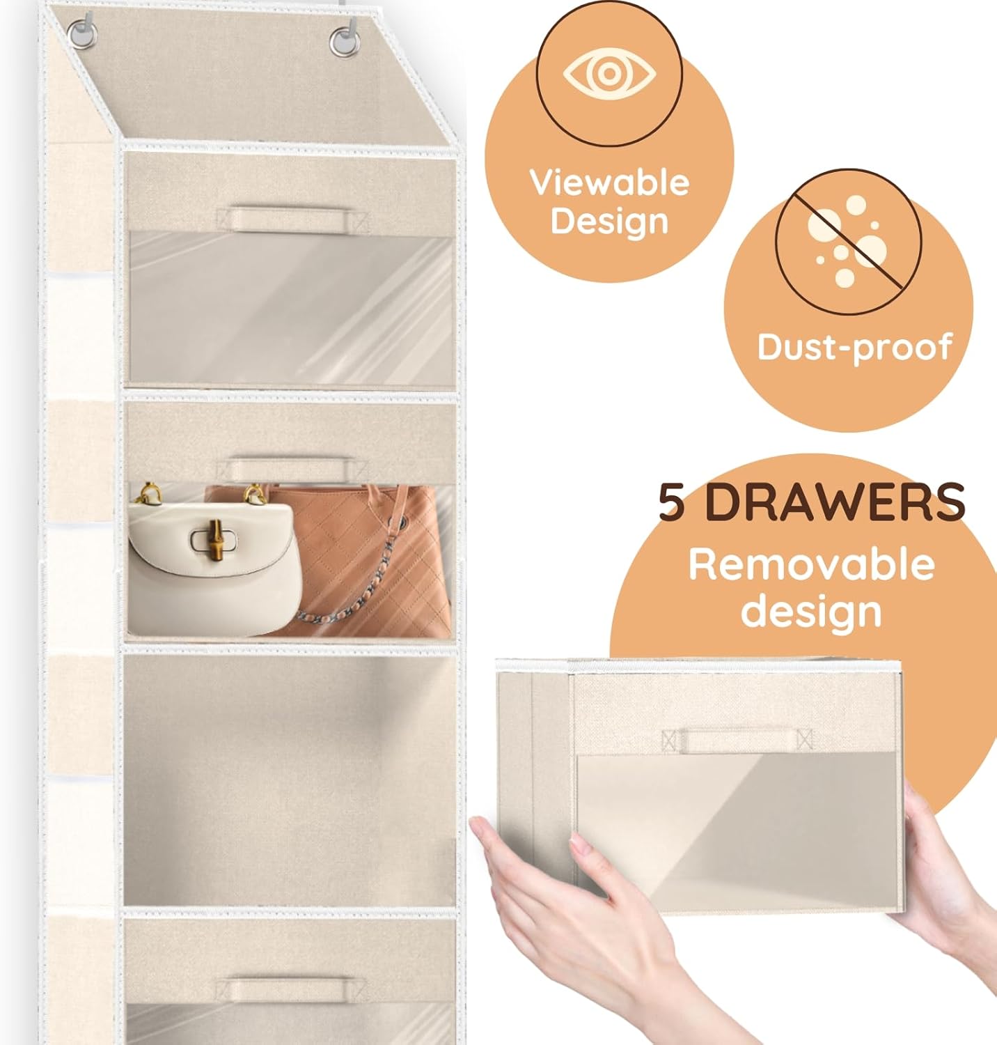 Over the Door Organizer with Drawers, 5 Tier Hanging Storage with Removable Bins & 10 Side Pockets