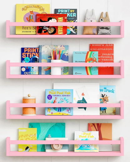 Forbena Large Pink Kids Book Shelves for Girls Room Wall Set of 4, Floating Nursery Book Shelf for