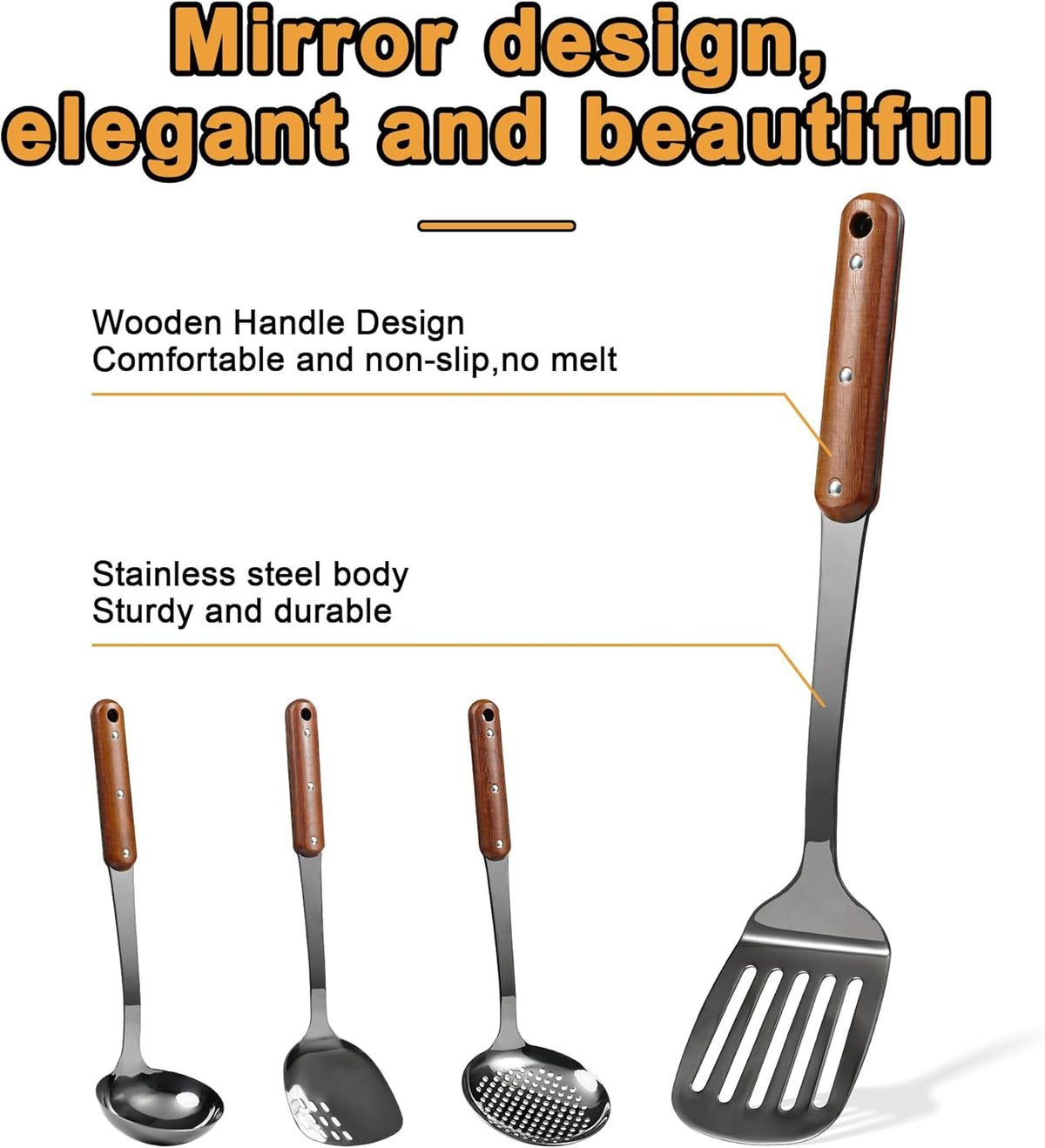 FJNATINH Stainless Steel Wok Spatula,Slotted Spatulas,Ladle,Skimmer Ladle Tool Set,Mirror Polished