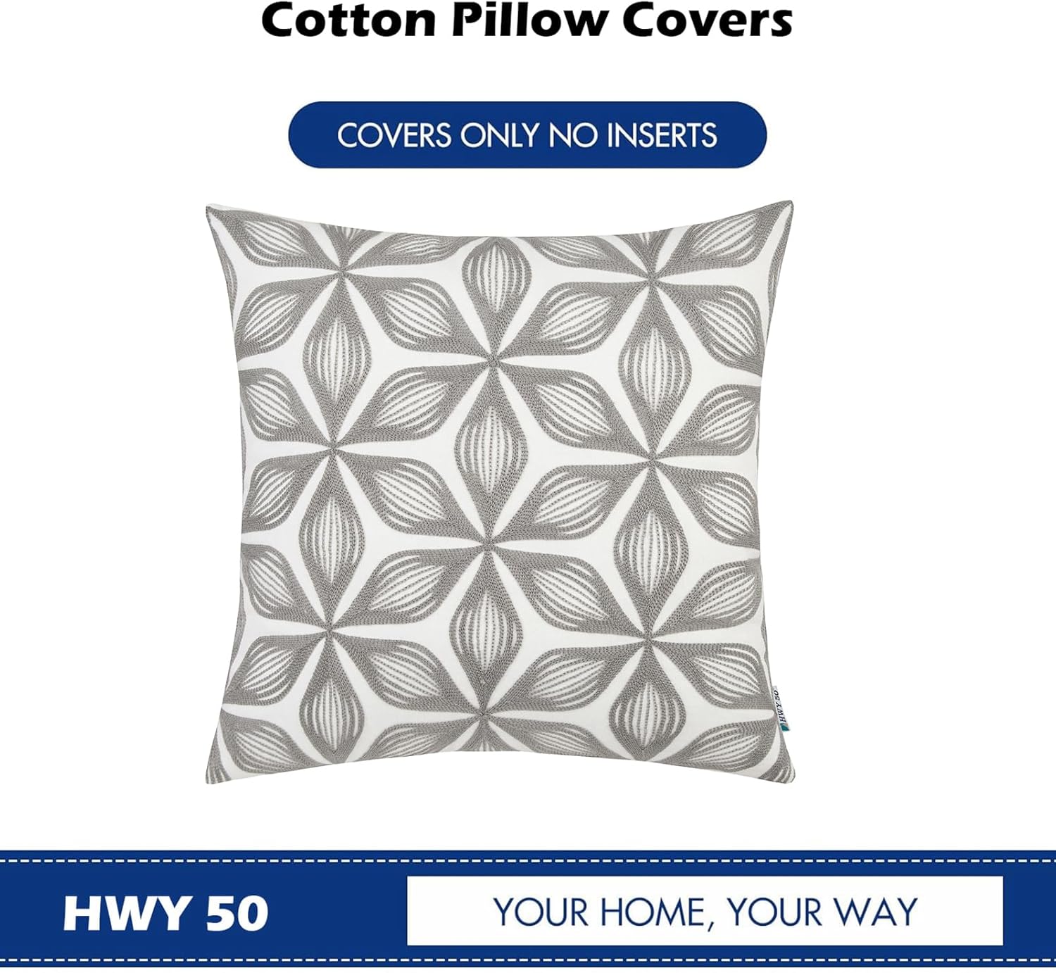 HWY 50 Grey Gray Decorative Throw Pillow Covers 18x18 Inch (1 Piece), Embroidered Cotton Farmhouse