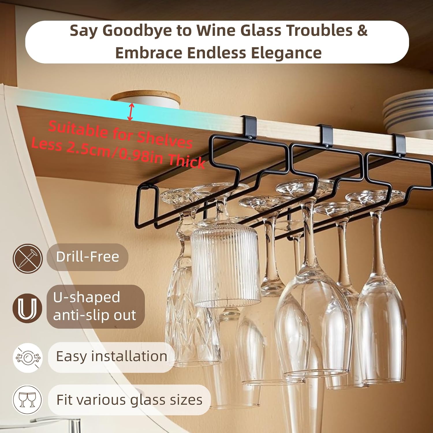 LINFIDITE Wine Glass Holder 2PCS Stemware Rack Hanger Under Cabinet Wine Glass Rack Kitchen Hanging
