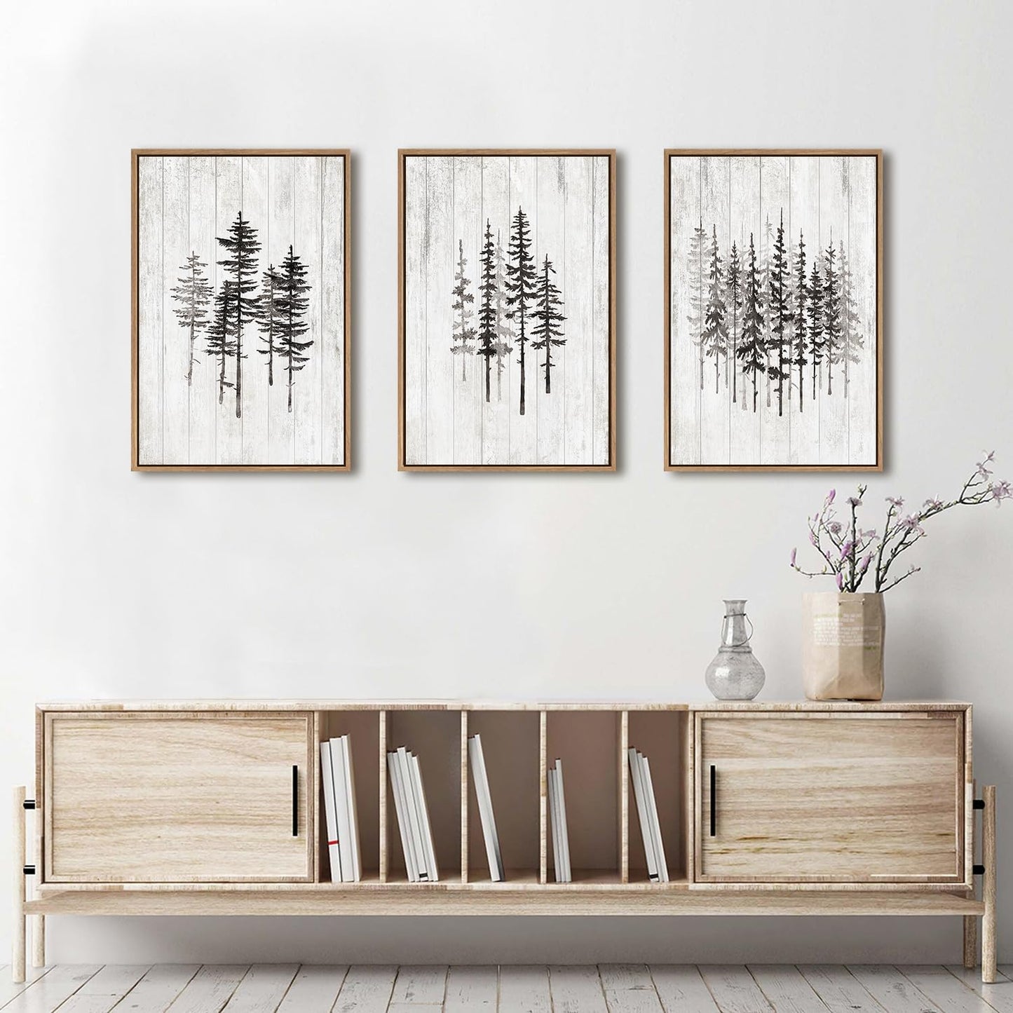 HPINUB Woodcut Style Pine Tree Framed Canvas Wall Art Set, Minimalist Modern Black and White Forest