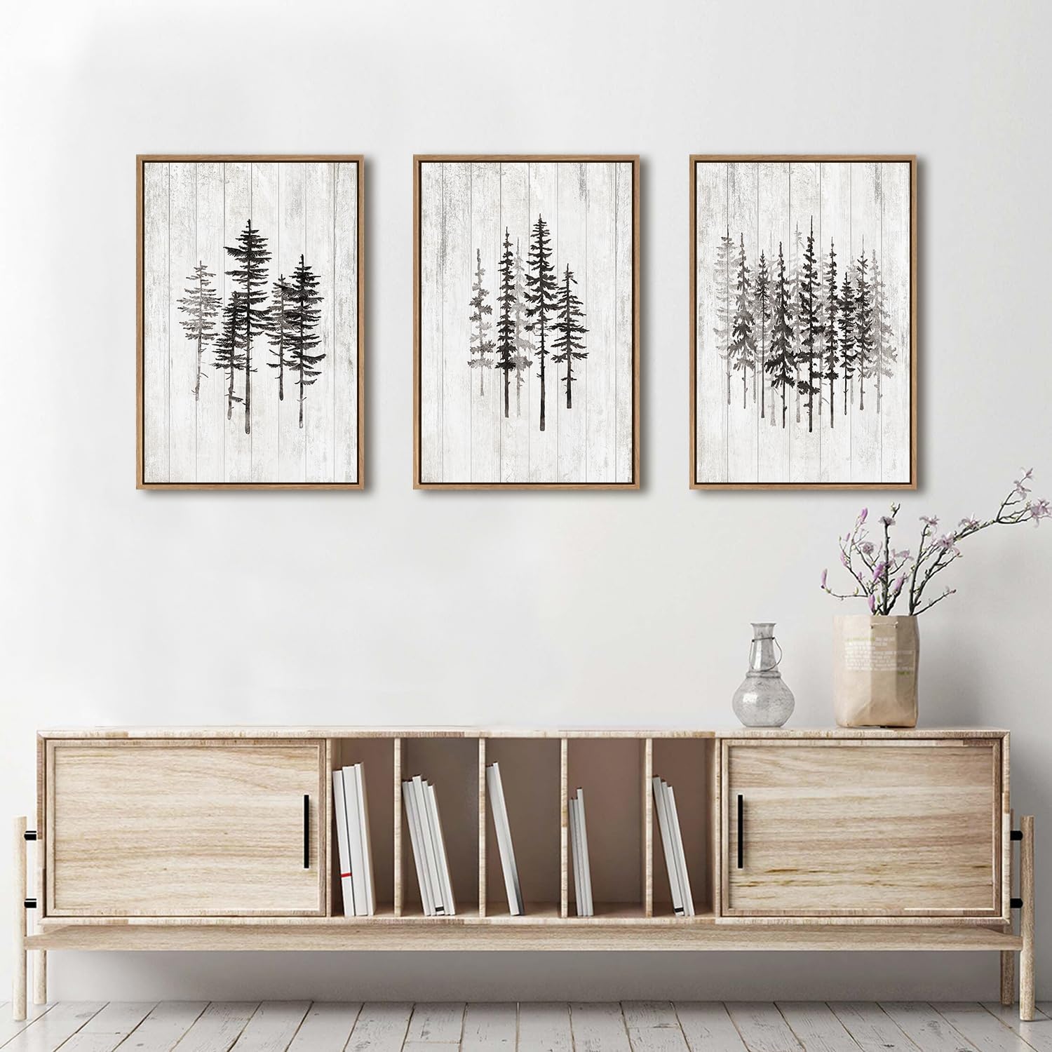 HPINUB Woodcut Style Pine Tree Framed Canvas Wall Art Set, Minimalist Modern Black and White Forest
