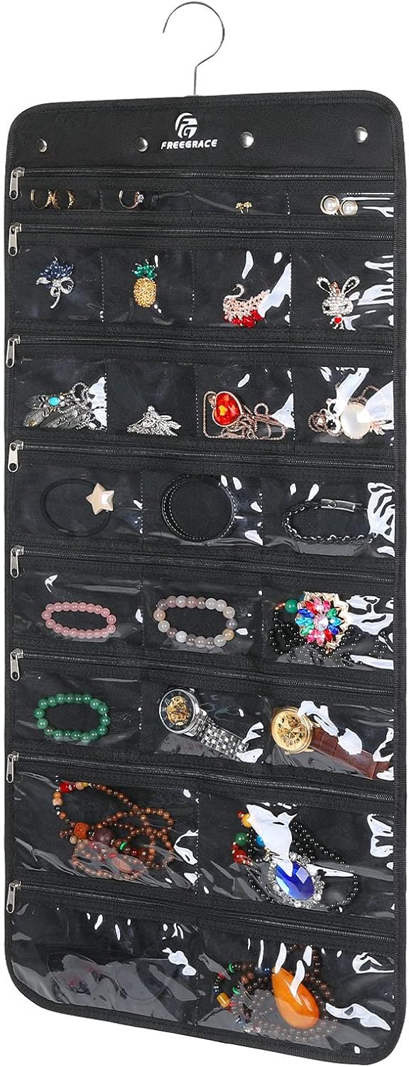 Freegrace Hanging Jewelry Organizer Revolving Hanger - Secure Zipper Closure - 25 Pockets,23 Hooks