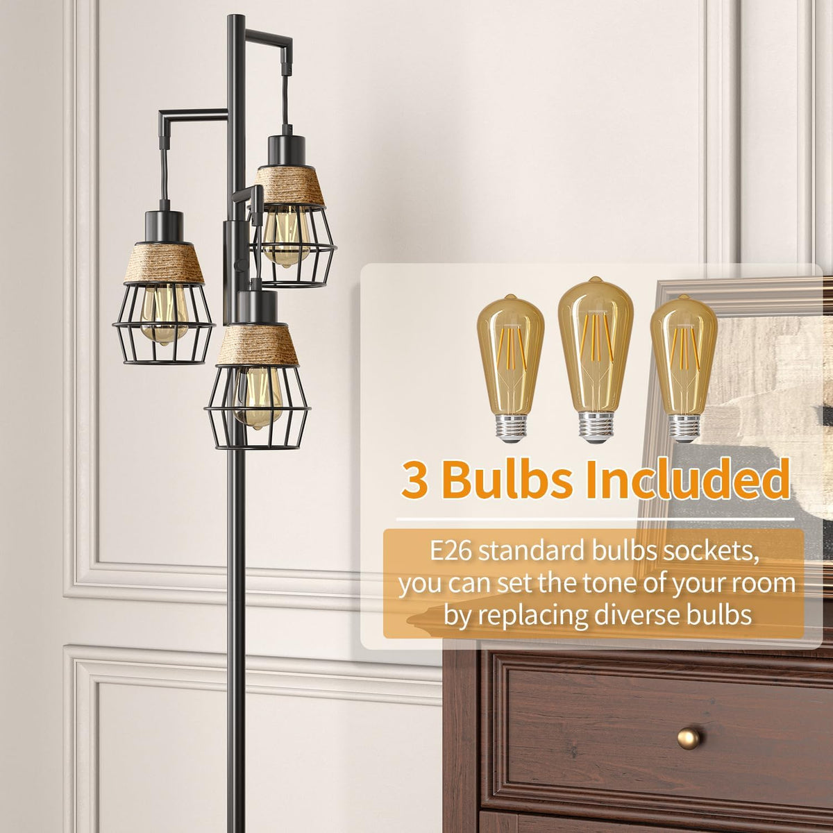 Oneach 68" Floor Lamps for Living Room, Stepless Dimmable Boho Floor Lamp with 3 Bulbs, Tall