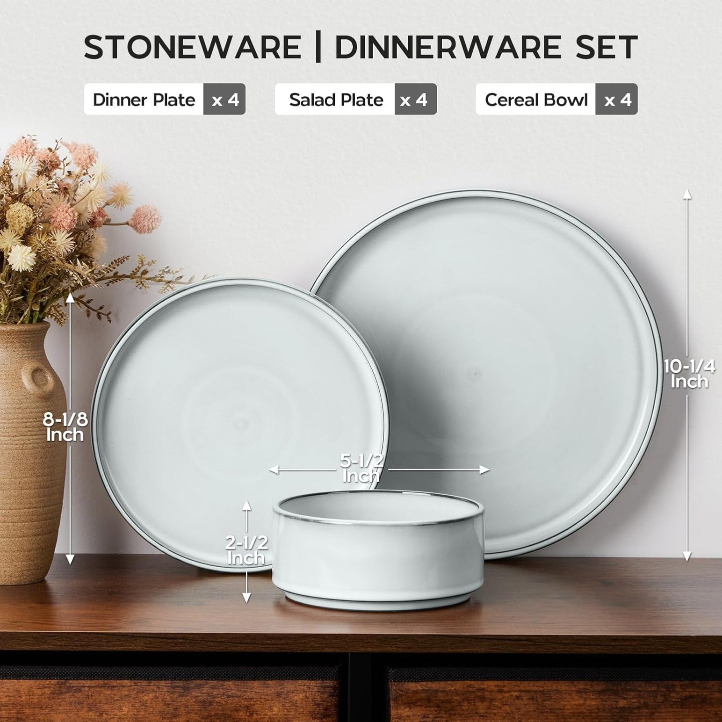 Onader Stoneware Dinnerware Sets, 12 Piece Plates and Bowls Dish Sets for 4, Ceramic Dishware