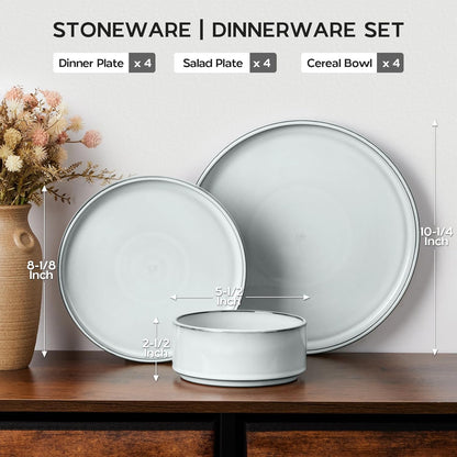 Onader Stoneware Dinnerware Sets, 12 Piece Plates and Bowls Dish Sets for 4, Ceramic Dishware