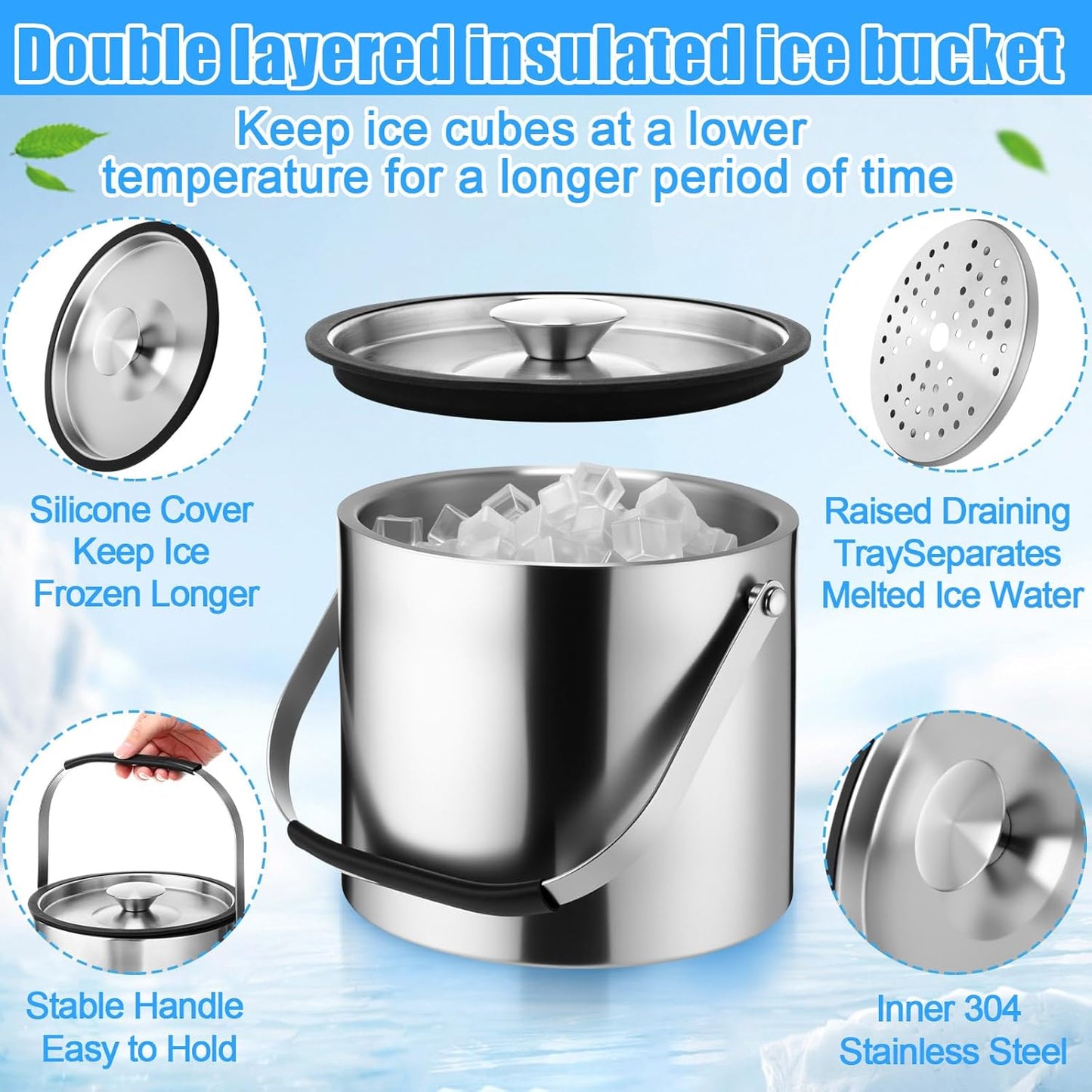 meekoo 4 L Double Wall Insulated Stainless Steel Ice Bucket with Lid, Scoop, Strainer, Handle Large