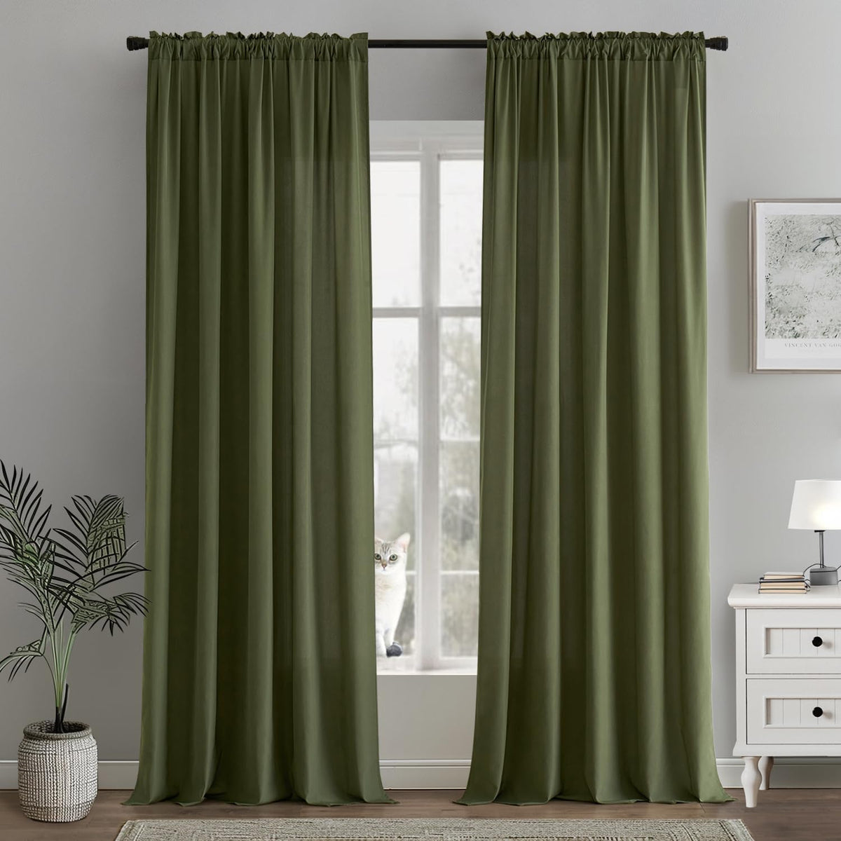 MIULEE Olive Green Privacy Sheer Curtains That Let Light in 96 Inches Long Non-See-Through Semi