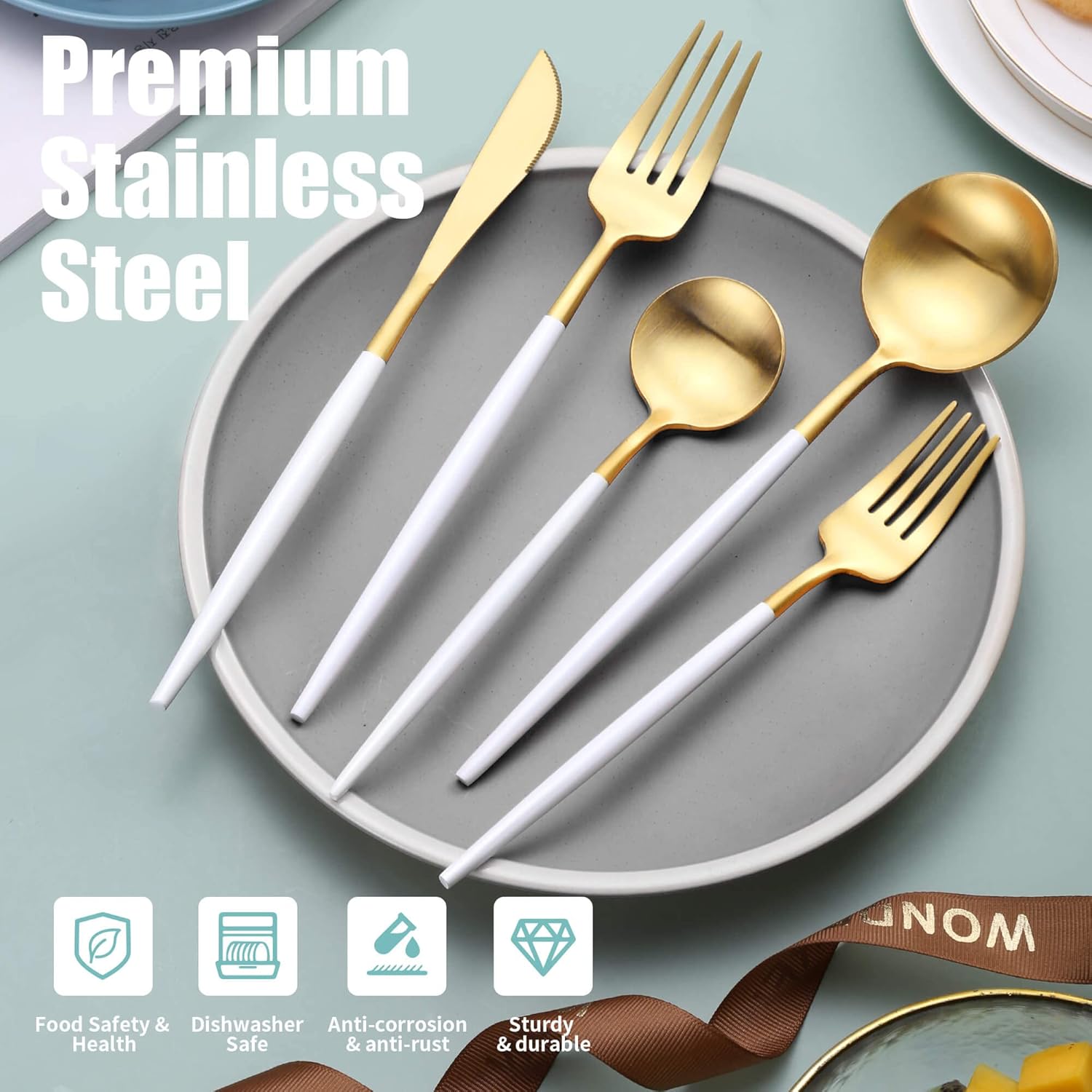 Matte White Gold Silverware Set for 4,Modern Stainless Steel Brushed Cutlery Set,20-Pieces Heavy