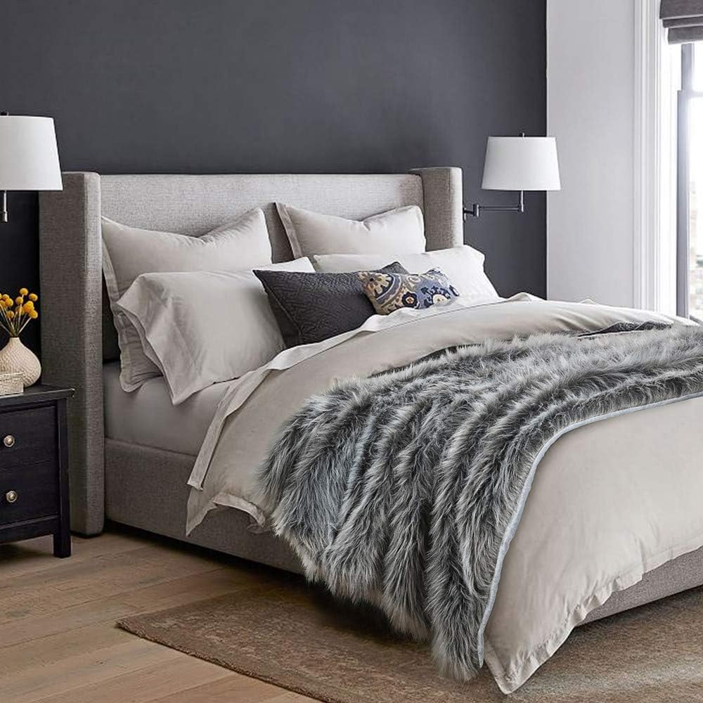 Luxury Faux Fur Throw Blanket, Grey and Black High Pile Mixed Throw Blanket, Super Warm, Fuzzy