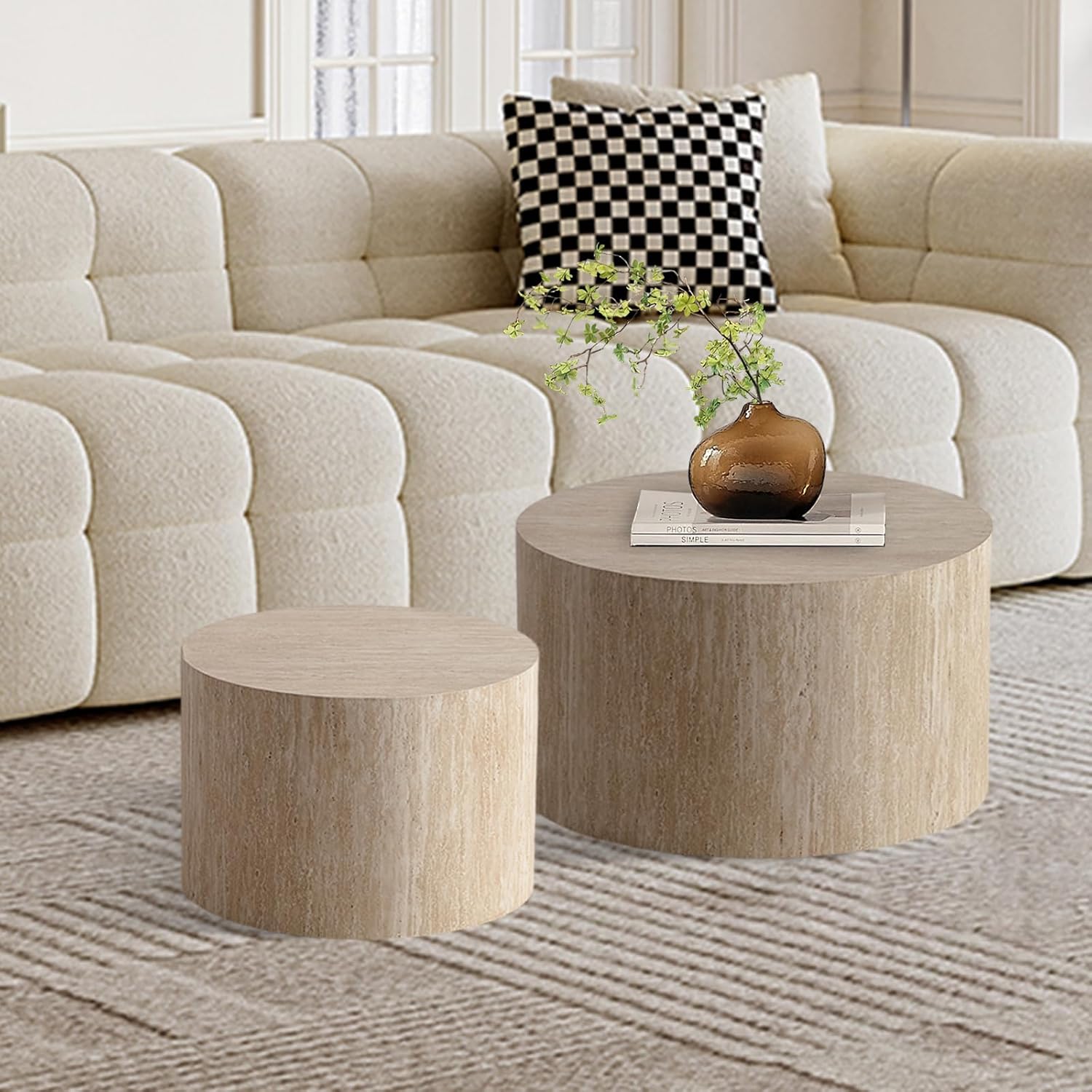 Round Nesting Coffee Table Set of 2, Modern Coffee and End Table Set Small Circle Wooden Drum Side