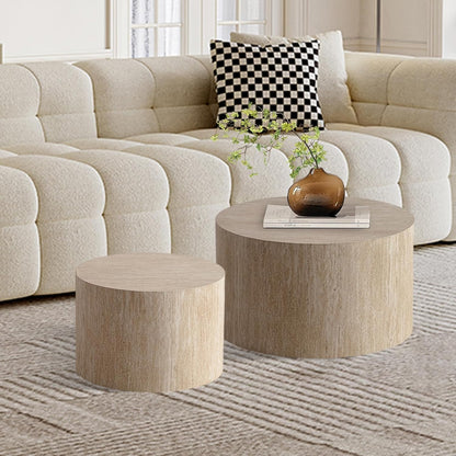 Round Nesting Coffee Table Set of 2, Modern Coffee and End Table Set Small Circle Wooden Drum Side
