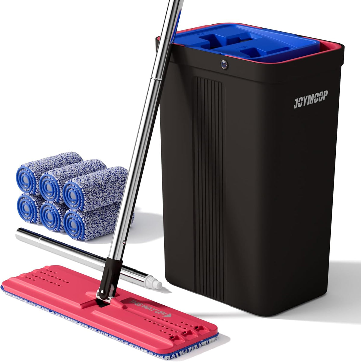 JOYMOOP Mop and Bucket with Wringer Set, Hands Free Flat Floor Mop and Bucket, with 6 Washable