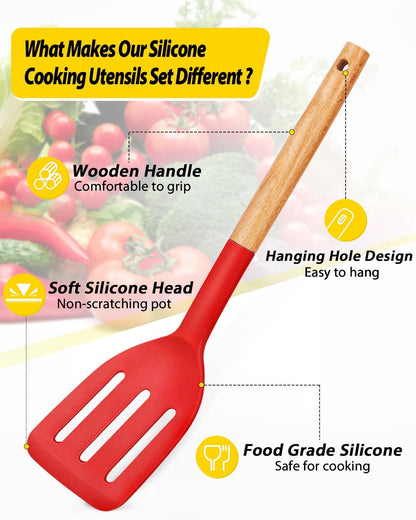 Pack of 4 Silicone Cooking Utensils Set, Non Stick Solid Spatulas and Heat Resistant Slotted Spoons