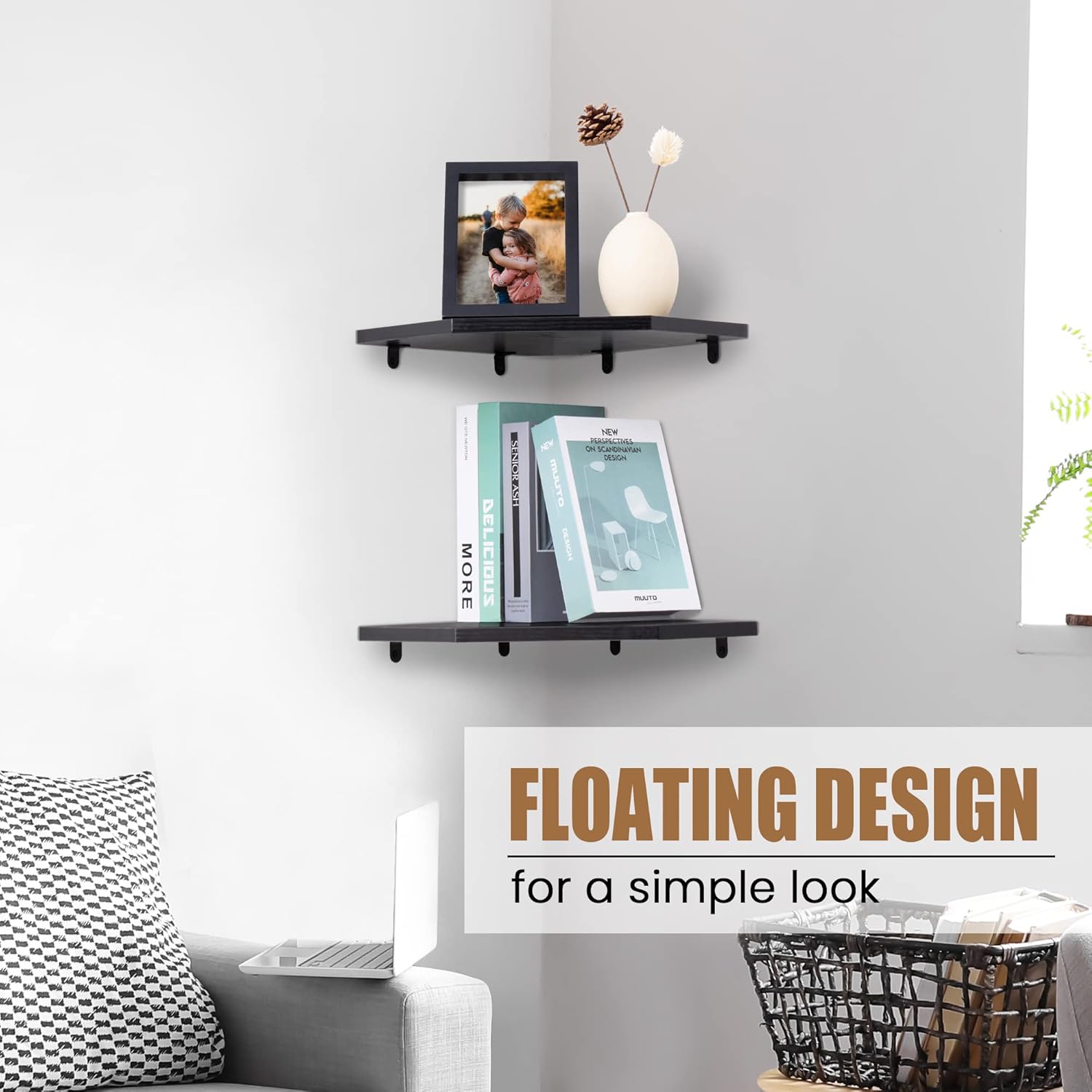 Corner Shelf Wall Mount, Floating Corner Shelves, Set of 2 Corner Wall Shelf Organizer, Rustic Wood