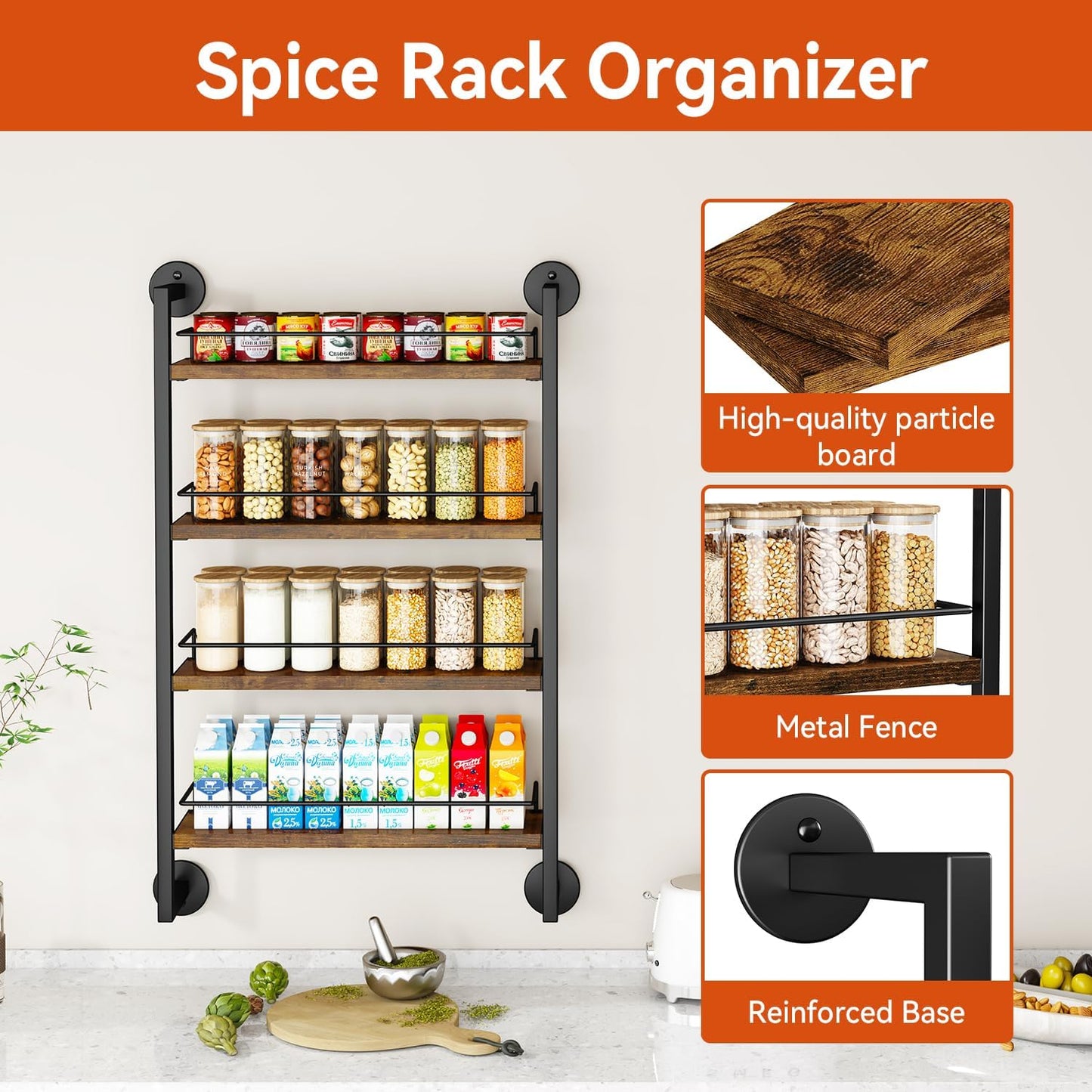 IBUYKE Spice Rack Wall Mount,4 Tier Hanging Seasoning Organizer,Large Spice Rack for Wall for up to