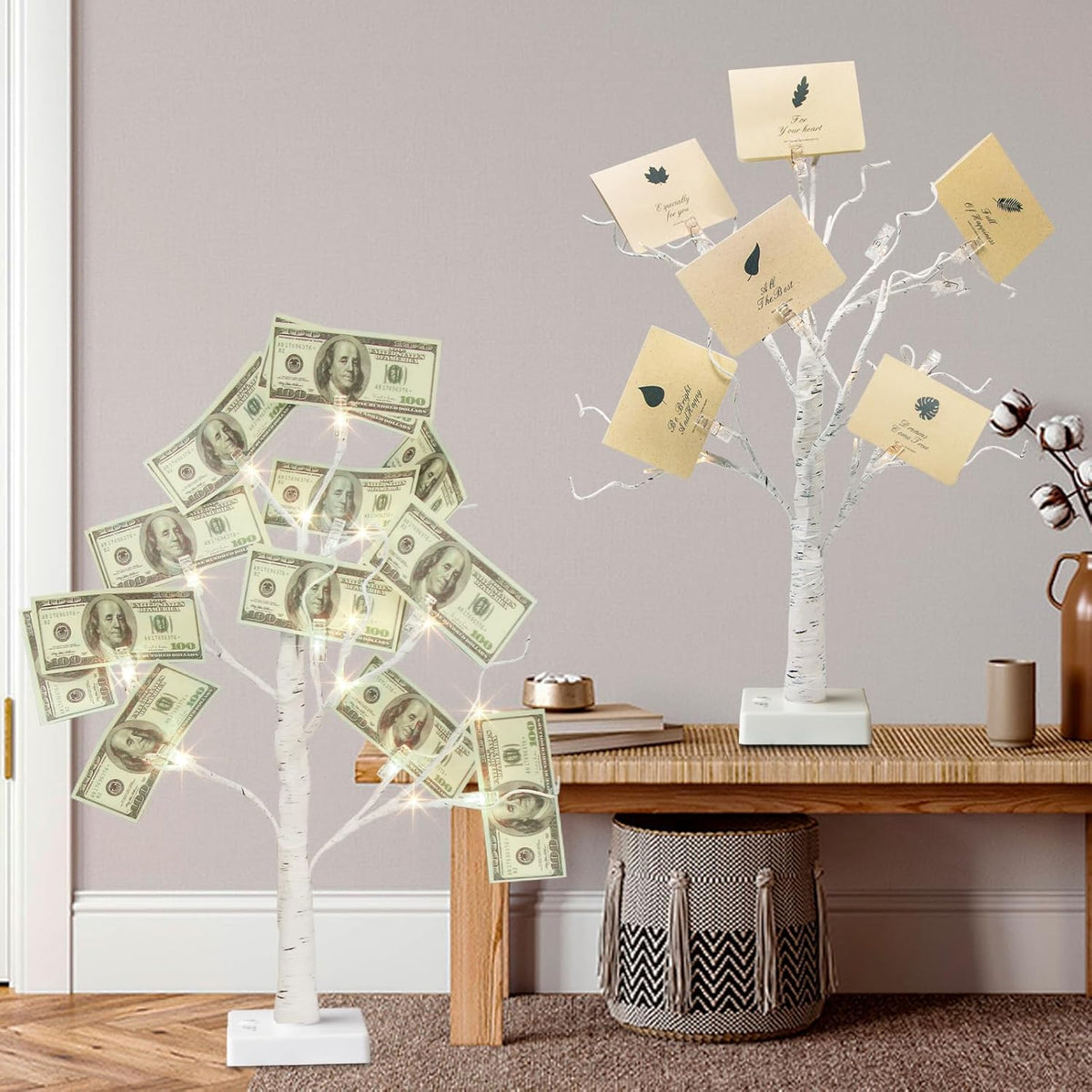 EAMBRITE Money Tree Gift Holder, Lighted Birch Tree 2FT 24LED, Battery/USB Powered Timer Light Up