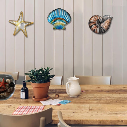Metal Ocean Wall Sculptures Outdoor Metal Sea Star Conch Wall Art Decor Pool Garden Patio Bathroom