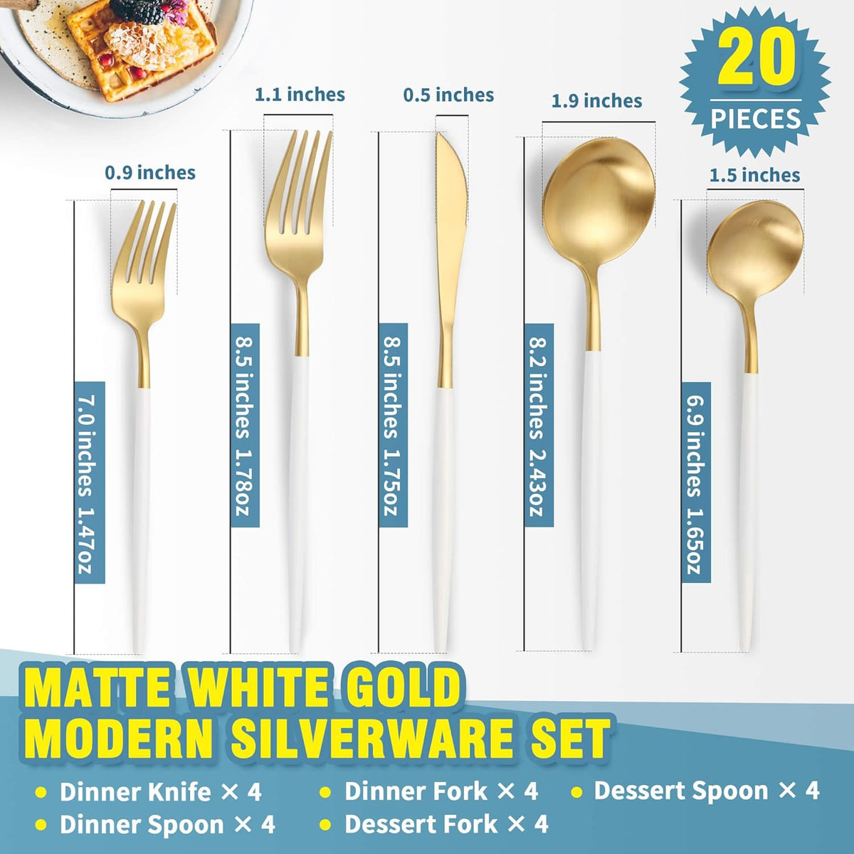 Matte White Gold Silverware Set for 4,Modern Stainless Steel Brushed Cutlery Set,20-Pieces Heavy