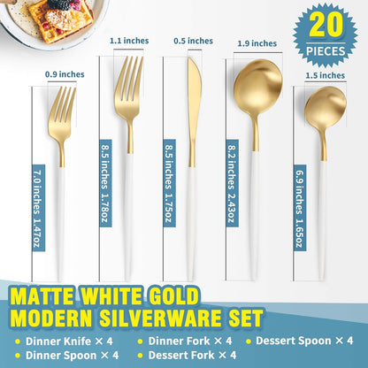 Matte White Gold Silverware Set for 4,Modern Stainless Steel Brushed Cutlery Set,20-Pieces Heavy