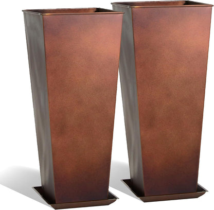 KOL 25''H. Tall Galvanized Steel Planter with Saucer, Set of 2, Planter Pots with Drainage Hole for