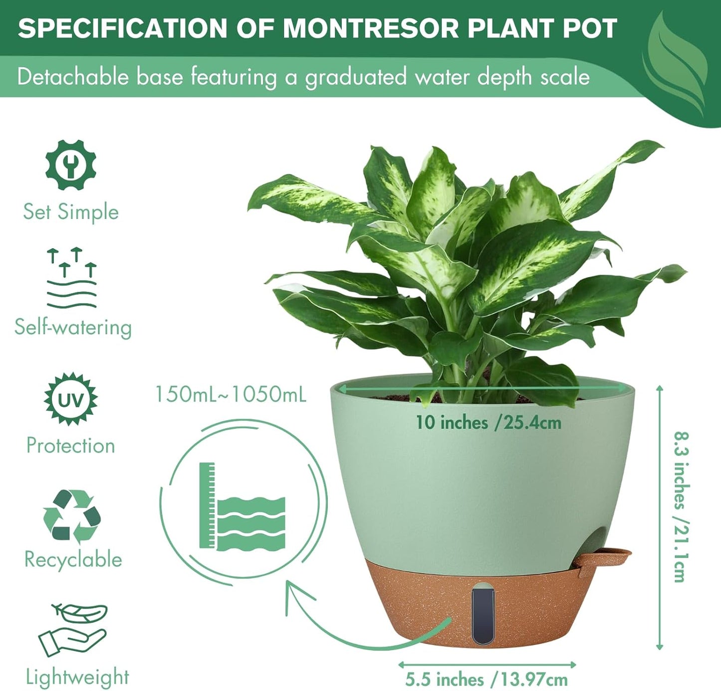 montresor 2 Pack 10 inch Plant Pots, PP Plastic Self Watering Planter with Drainage and Tray for