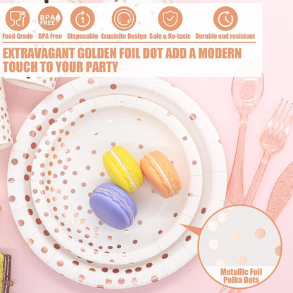White & Rose Gold Party Supplies - 350 PCS Disposable Dinnerware Set with Paper Plates Napkins