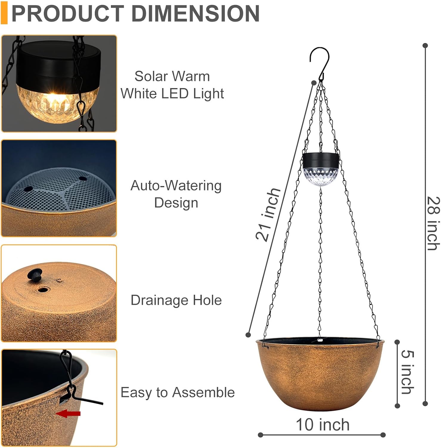 2 Packs Hanging Planters Basket for Outdoor Plants, Solar Powered Self Watering Bronze Round