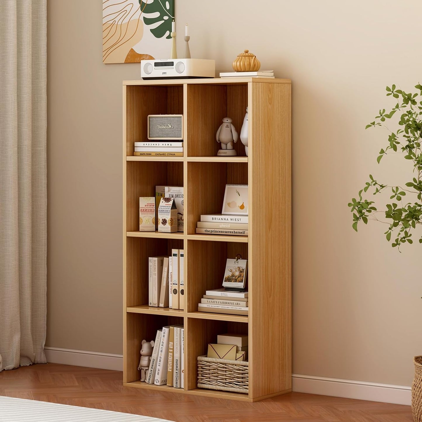 8-Cube Storage Shelf Bookcase - Wooden 4-Tier Floor Standing Open Bookshelf for Home and Office