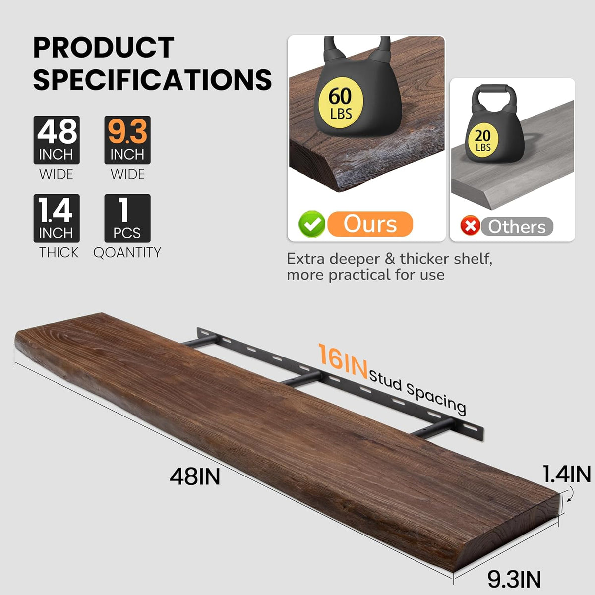 Floating Shelves for Wall, 48"x9.3" Rustic Solid Live-Edge Elm Wood Wall Shelves, Heavy-Duty