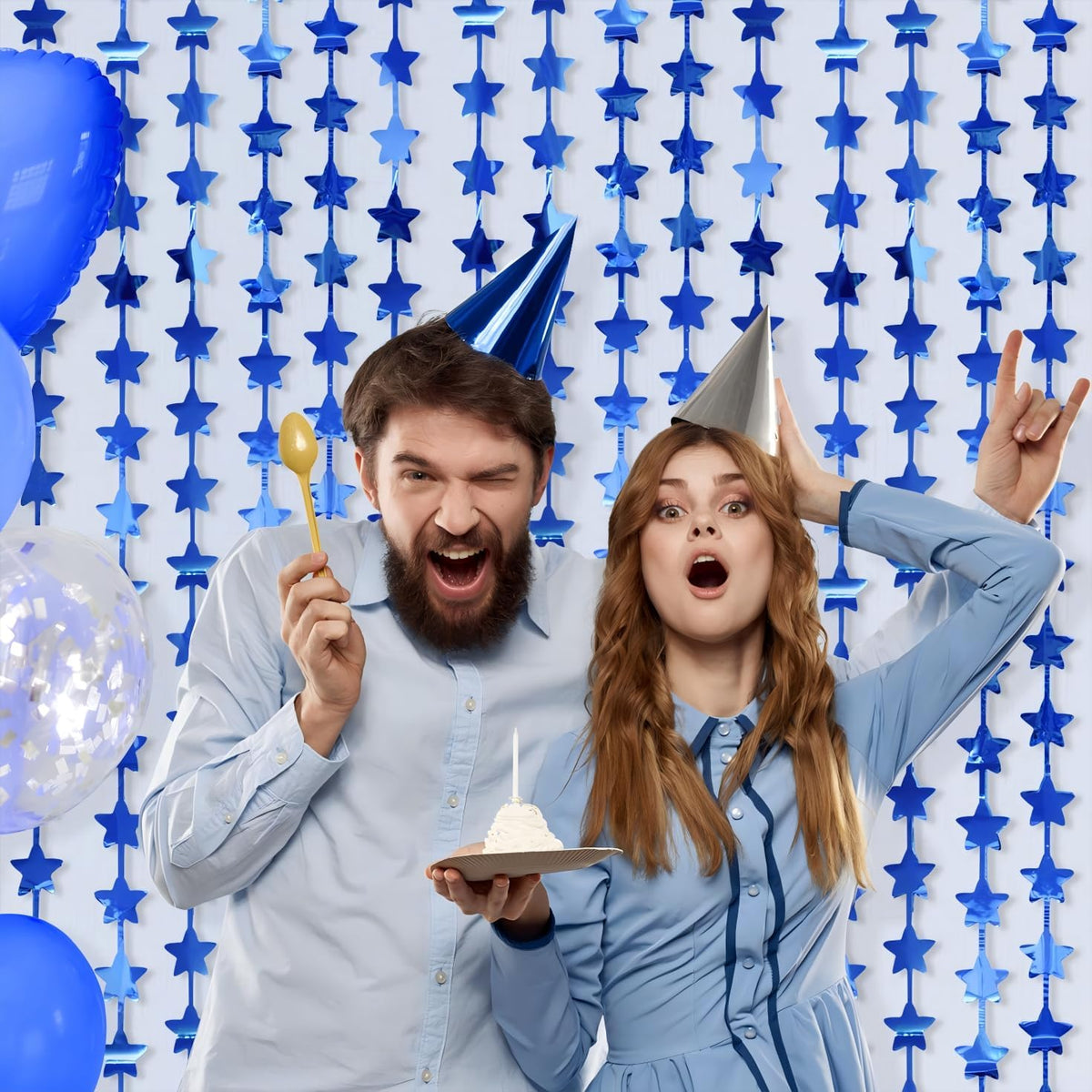 LOLStar 2Pack Blue Happy Birthday Party Decorations 3.3X6.6ft Each Navy Star Streamers Backdrop