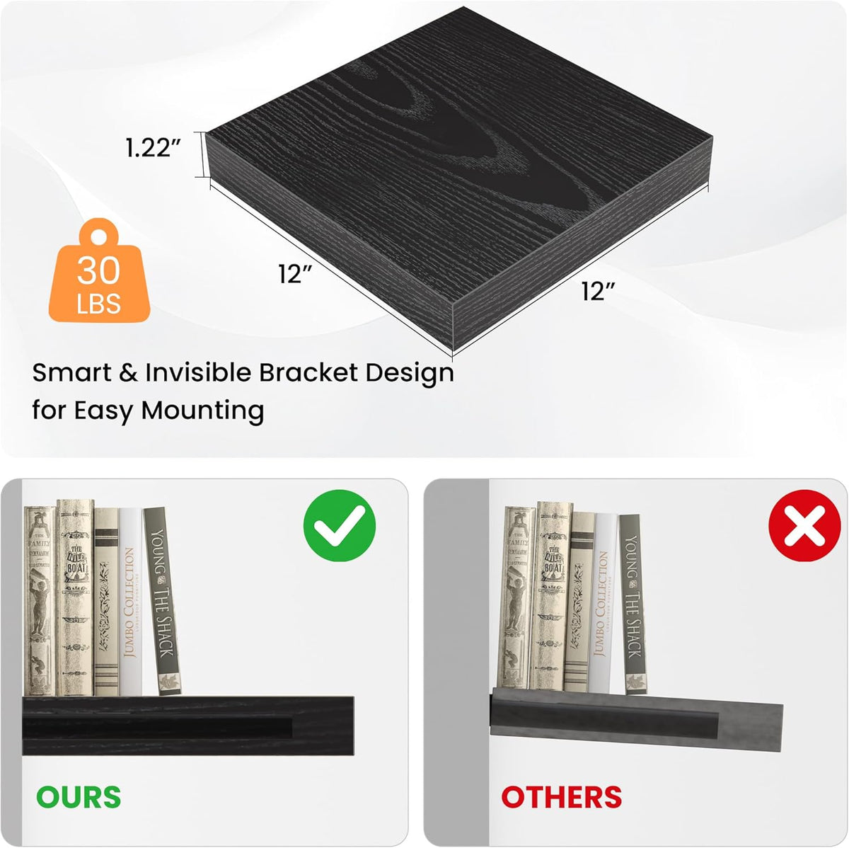 Square Floating Shelves for Wall, 12" W x 12" D x 1.2" H, Small Wooden Wall Mounted Display Shelves