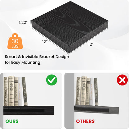 Square Floating Shelves for Wall, 12" W x 12" D x 1.2" H, Small Wooden Wall Mounted Display Shelves