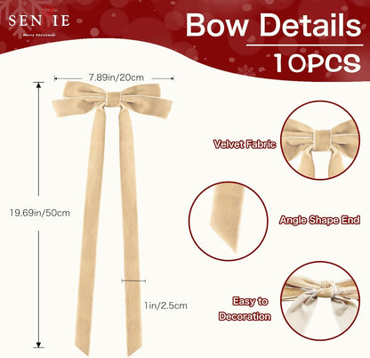 Senjie 10Pcs Large Velvet Christmas Tree Bows, 20in x 8in Premade Vintage Ribbon Tree Topper Bows
