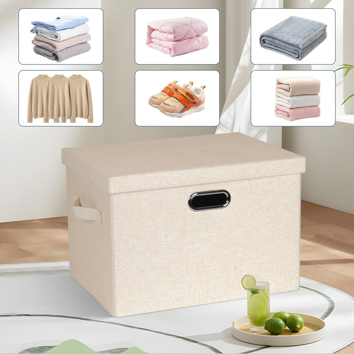 Large 17" 36 Quart Collapsible Stackable Storage Bins with Lids, 3 Packs Light Orange Linen Fabric