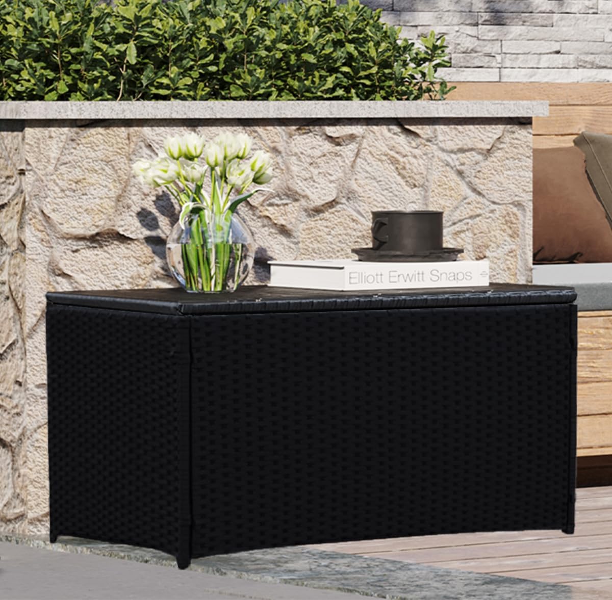 Outdoor 70 Gallon Wicker Storage Box with Waterproof Liner, Patio PE Rattan Storage Container for