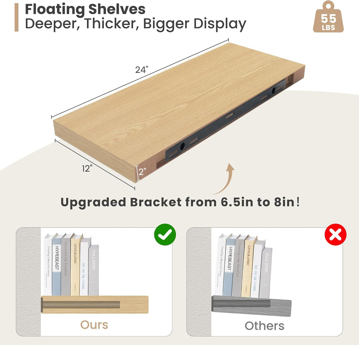 Heimlove 24 x 12 Inch Deep Floating Shelves Wall Mounted with Invisible Brackets,Storage Hanging