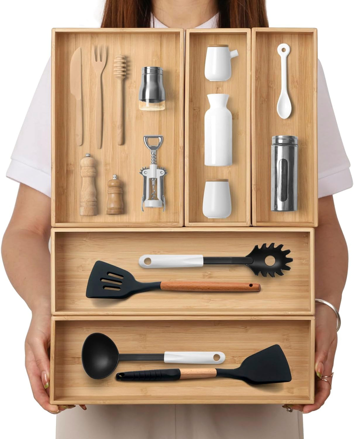 Stack Bamboo Drawer Organizer Set of 5, Kitchen Utensil, Flatware&Silverware Organizer-Wood