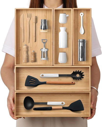 Stack Bamboo Drawer Organizer Set of 5, Kitchen Utensil, Flatware&Silverware Organizer-Wood