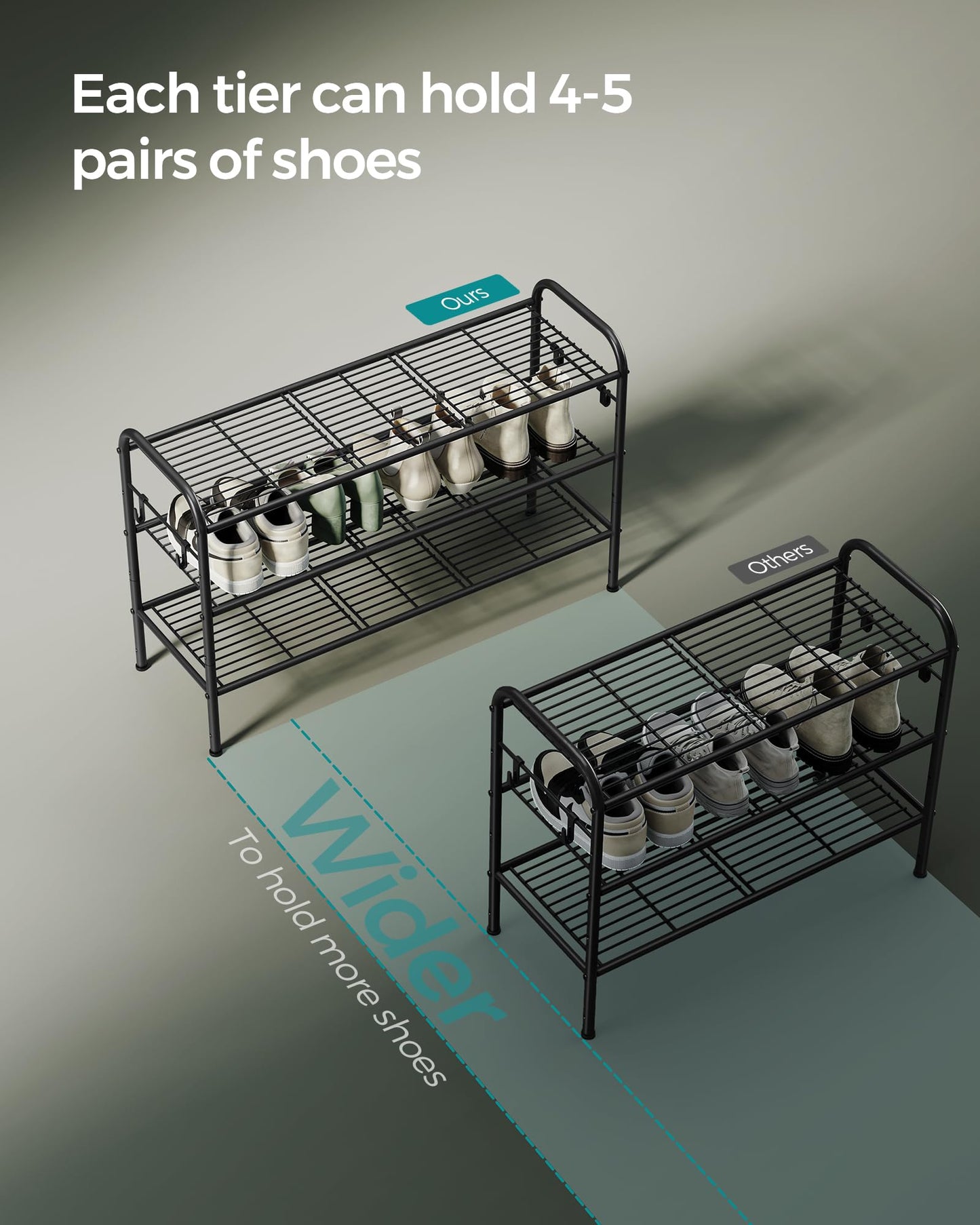 SONGMICS 3-Tier Metal Shoe Rack, Shoe Orgainzer, 33.5" Wide, Holds 16 Pairs