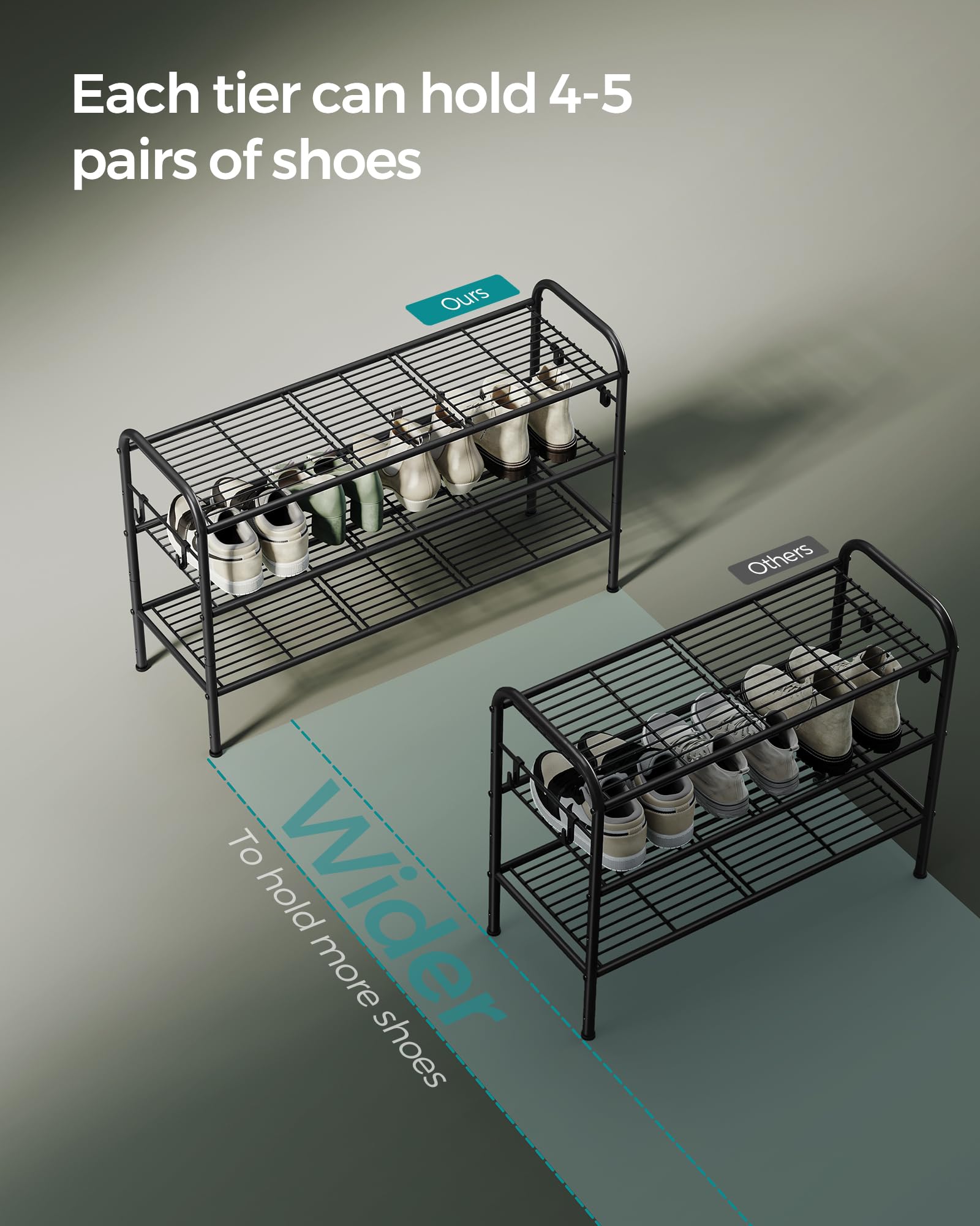 SONGMICS 3-Tier Metal Shoe Rack, Shoe Orgainzer, 33.5" Wide, Holds 16 Pairs
