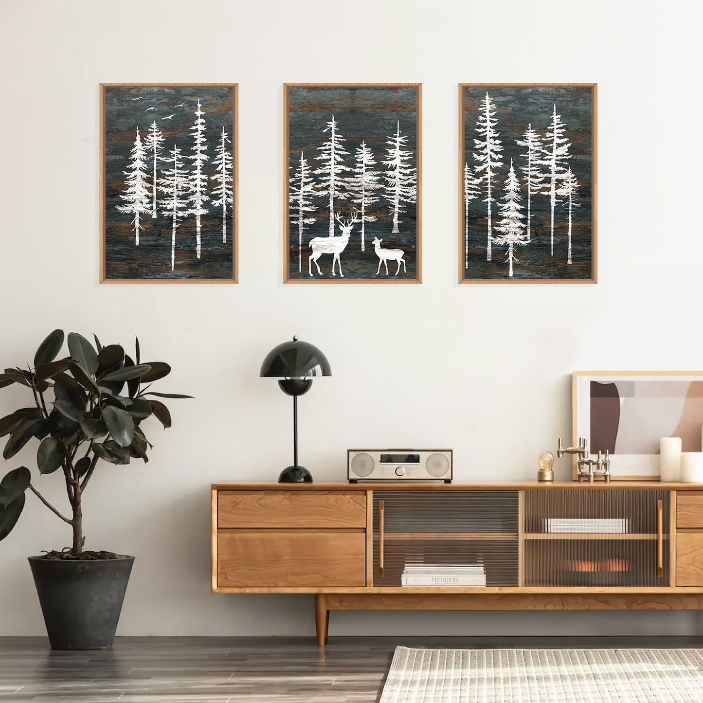 Celestdeco Modern White Forest Framed Canvas Wall Art Set, Minimalist Woodland Art Painting, Retro