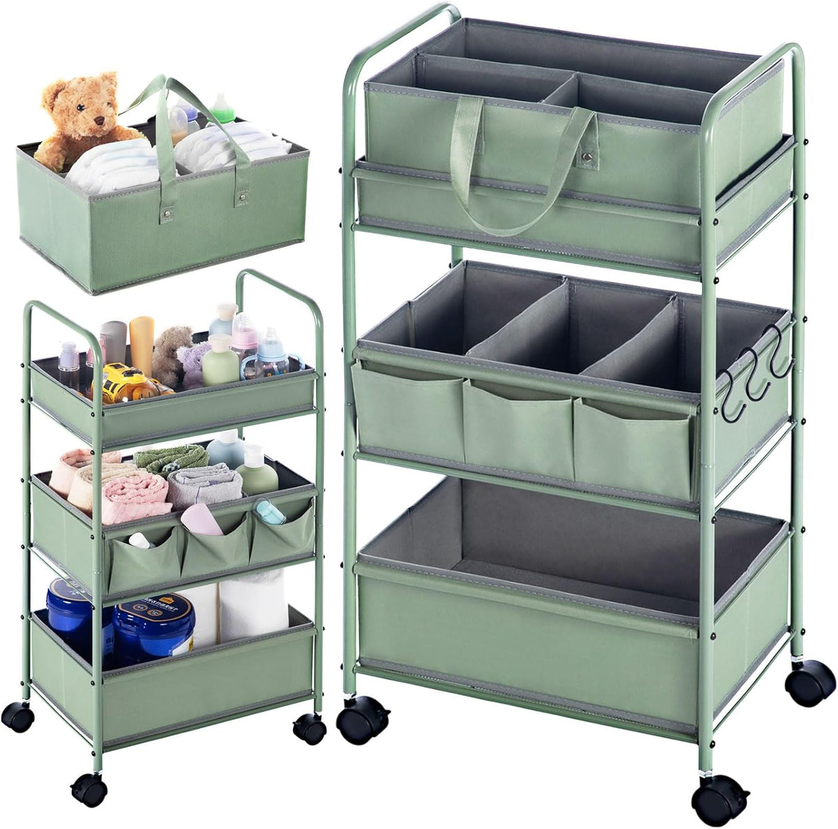 Honeydak 2in1 Baby Diaper Caddy Organizer Cart 3 Tier Large Capacity Metal Utility Bedside Rolling