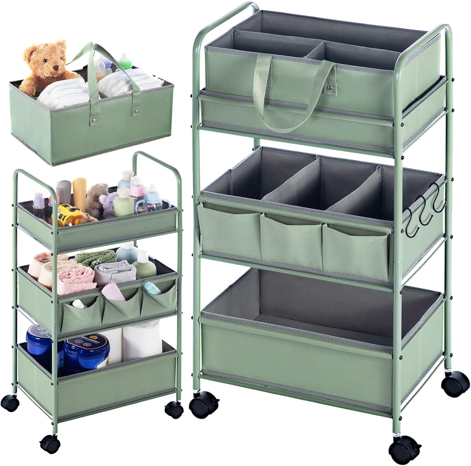 Honeydak 2in1 Baby Diaper Caddy Organizer Cart 3 Tier Large Capacity Metal Utility Bedside Rolling