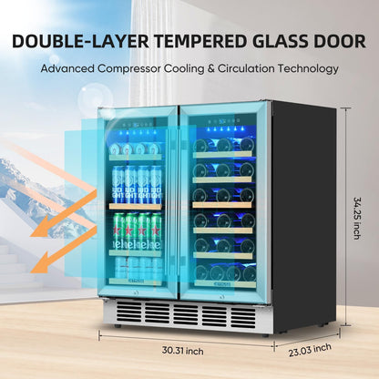 Wine and Beverage Refrigerator 30 Inch, Beverage Fridge Dual Zone with Upgraded Cooling, Wine