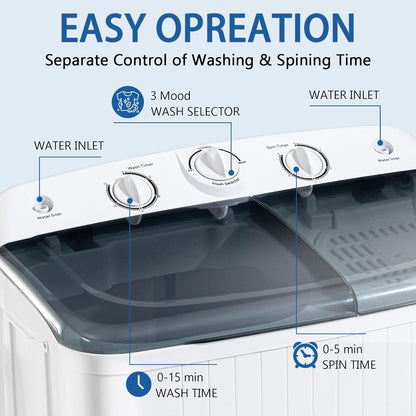 Portable Mini Twin Tub 32lbs Washing Machine With Drying Rack& 10 Hangers, 20lbs Washer & 12lbs